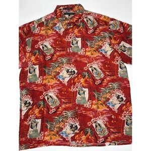 M.E. Sport Mens Red Hawaiian Luau Hula Girl Print 100% Silk Shirt Size Large